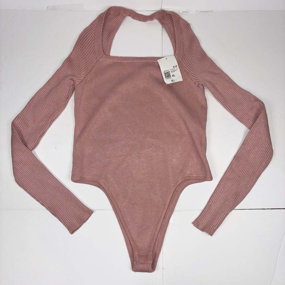Forever 21 Women Long Sleeve Square Neck Sweater Bodysuit in Pale Mauve XL